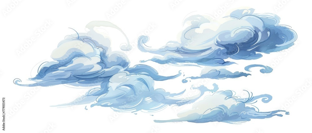 A dynamic cartoon pack of cirrus clouds, wispy and fast-moving, racing each other, illustrated in watercolor on white A dynamic cartoon pack of cirrus clouds, wispy and fast-moving, racing each other, illustrated in watercolor on white