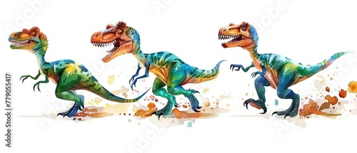 A dynamic cartoon pack of Allosaurus  each sporting a whimsical expression  hunting together  in watercolor on white