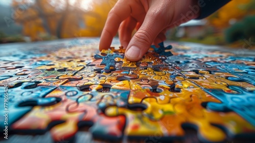 Close up of a child's hand assembling a jigsaw puzzle.