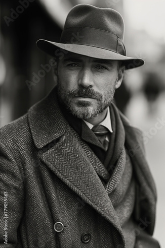 fashion man serious confident gentleman detective aristocrat in a hat and coat on street in city. Vintage black and white historical scan of film photography