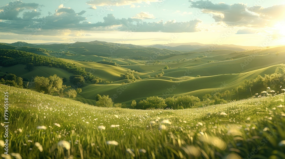 A peaceful countryside with rolling hills. Generative AI.