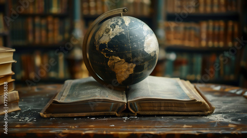 Visualize an ancient book sphere with worn leather cover and gold leaf pages Highlight its timeless knowledge photo