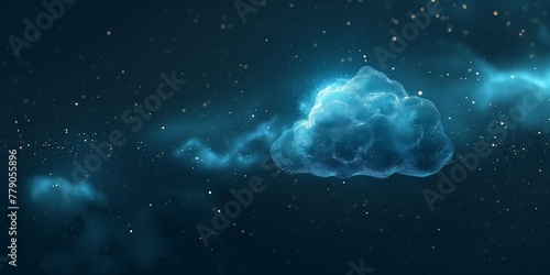 Digital cloud in futuristic polygonal style in technology blue on a dark starry sky background. Cloud technology, service, and storage are abstract concepts. Low-poly wireframe vector illustration.