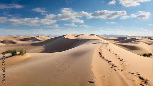 undulating curves of sand dunes  devoid of footprints. Convey a sense of vastness and solitude