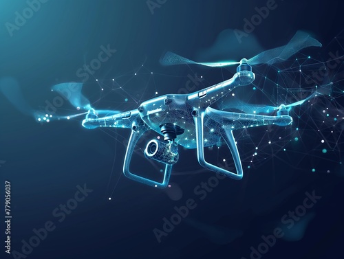A digital vector 3D illustration of a drone with a camera in dark blue. Drone videography, aerial photography, and modern technology concepts. Abstract low-poly quadcopter with dots, lines photo