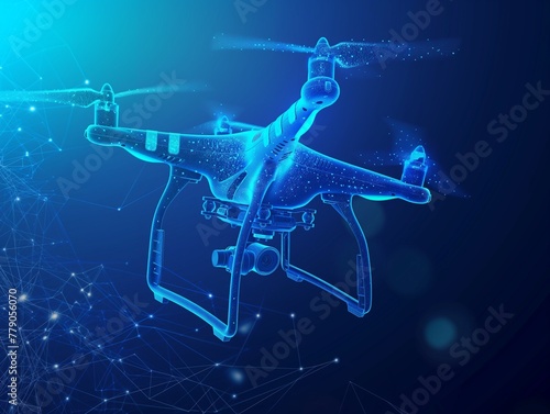 A digital vector 3D illustration of a drone with a camera in dark blue. Drone videography, aerial photography, and modern technology concepts. Abstract low-poly quadcopter with dots, lines