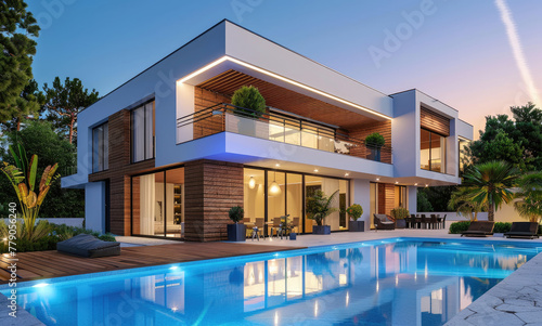 Modern two-story villa with swimming pool, white walls and wood grain windows. The house has an exterior facade © Kien