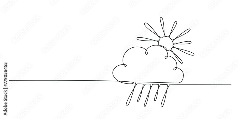 Sun and cloud with rain - hand drawing one single continuous line banner. Vector stock illustration isolated on white background for design template weather forecast, travel blog. Editable stroke.  - obrazy, fototapety, plakaty 
