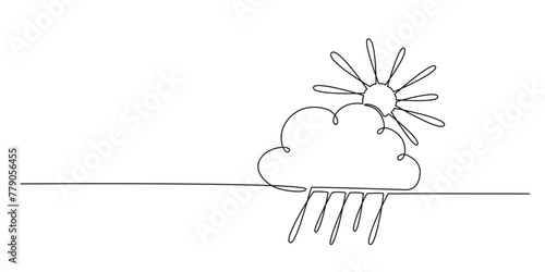 Sun and cloud with rain - hand drawing one single continuous line banner. Vector stock illustration isolated on white background for design template weather forecast, travel blog. Editable stroke. 