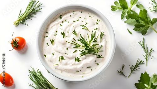 Bowl of sour cream dip sauce with herbs isolated on white background, top view
 photo
