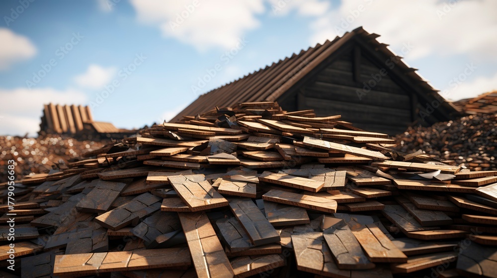 A photo of a construction site with a pile of roofing A photo of a construction site with a pile of roofing