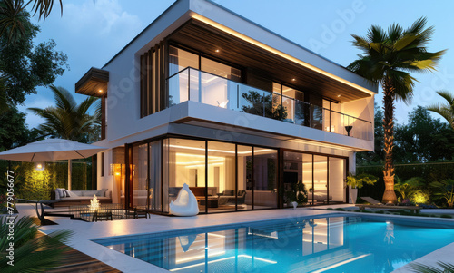 Modern two-story villa with swimming pool, white walls and wood grain windows. The house has an exterior facade © Kien