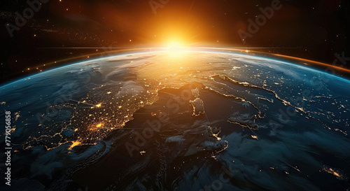 The earth from space, sun rising, half at night cities gleaming. Generative AI.