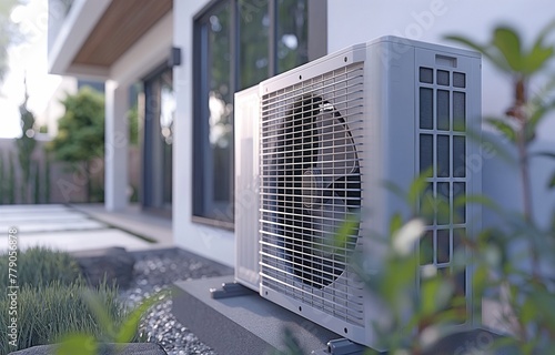 Contemporary air conditioning unit outside on a concrete slab for HVAC purposes. © tongpatong
