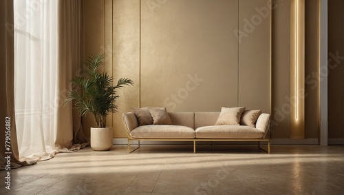 Minimalistic abstract gentle light beige background for product presentation with light and intricate shadow from the window and vegetation on wall