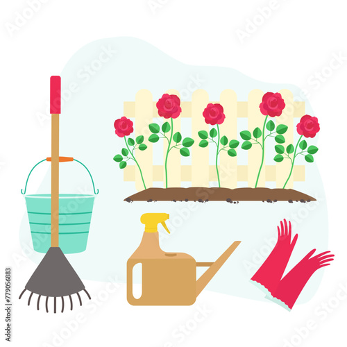 Garden. Vector image of garden tools and plants, roses, rake, fence, bucket, rubber gloves. Set of icons. Flat design.