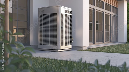 Contemporary air conditioning unit outside on a concrete slab for HVAC purposes.