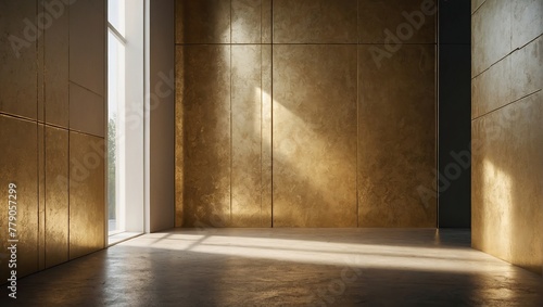 Minimalistic abstract light black golden background for product presentation  Incident light from the window on the wall and floor