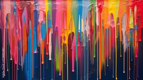 Child-like paint dripping with bright color paint, abstract rainbow colored background