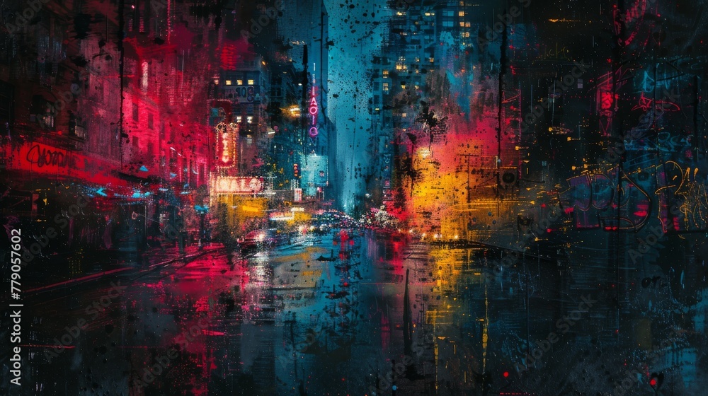 An artistic depiction of a rain-drenched city street at night, illuminated by the chaotic beauty of neon lights and street art.