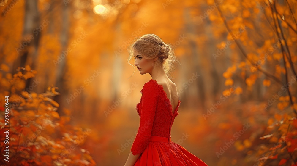 woman wearing a red dress in a woodland in fall, seen from the back. woman wearing a red dress in a woodland in fall, seen from the back.