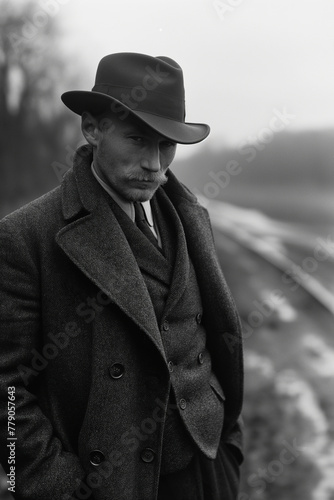 Retro portrait of serious elderly man gentleman detective aristocrat in a hat and coat on outdoor. Vintage black and white scan of film photography