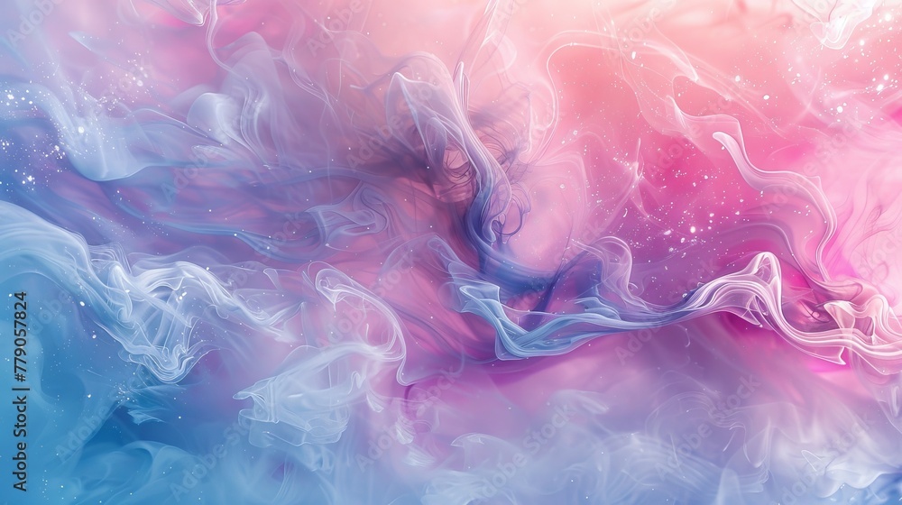 Swirls of ethereal smoke in a fusion of pastel blues and pinks create a delicate cosmic dance, resembling a nebula in the soft light of stars.