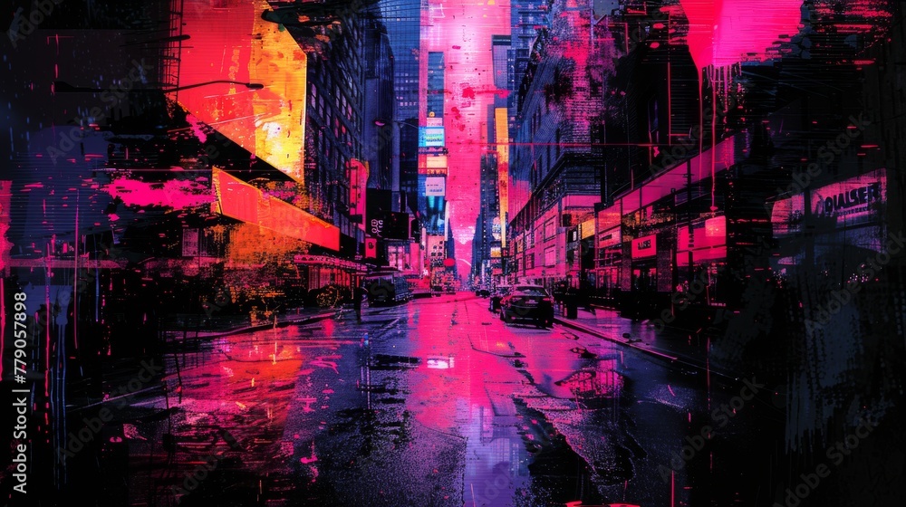 This artwork merges a city street view with splashes of neon, creating a surreal, rain-drenched scene that buzzes with urban energy.