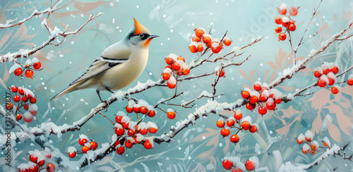 A beautiful colorful little bird perched on the branches of ice-covered hawthorn, red berries covered with snow and frost in winter