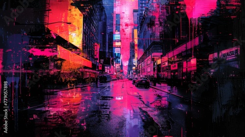 This artwork merges a city street view with splashes of neon  creating a surreal  rain-drenched scene that buzzes with urban energy.
