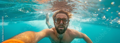 Selfie with a camera showing a young man diving beneath a large wave in the ocean