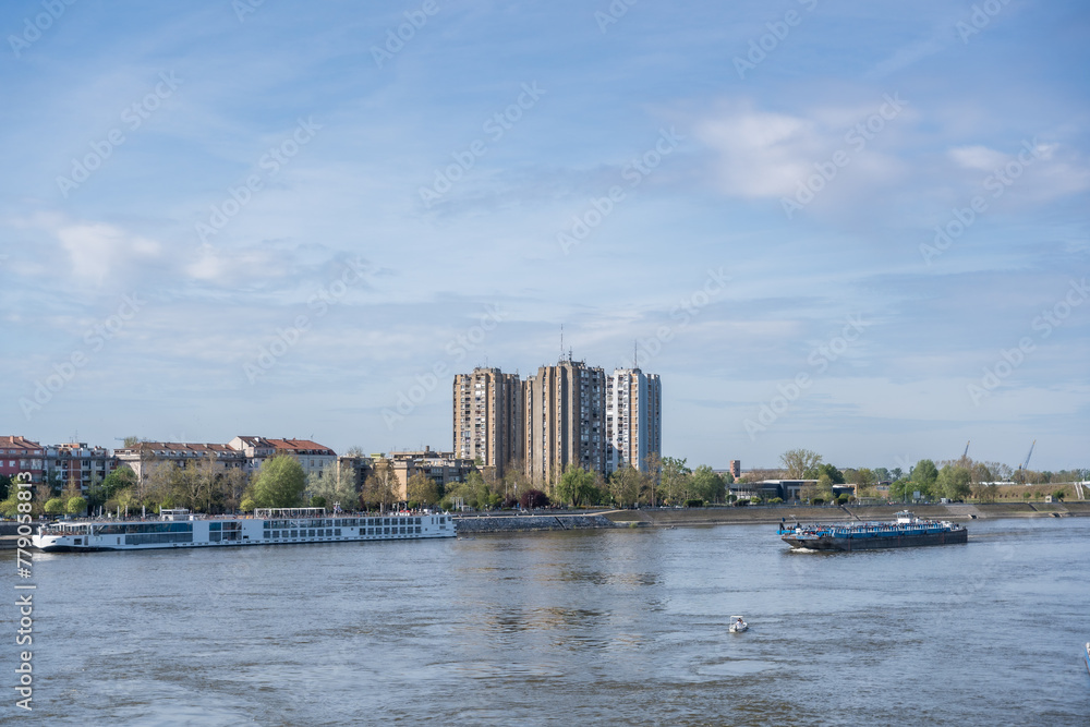 Obraz premium Cityscape of Novi Sad, Serbia. Serbian city with view of buildings and Danube river.