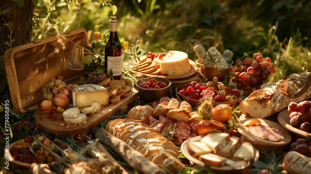 A picturesque picnic spread on a sun-dappled meadow, featuring an assortment of artisanal cheeses, crusty bread, ripe fruits, and charcuterie.