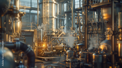 A busy chemical production plant with mixing vessels and purification systems, currently dormant but ready to manufacture chemicals for various industries