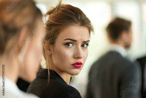 compelling photo of the emotional toll of workplace gossip as coworkers whisper behind the back of an unhappy businesswoman, with a softly blurred background creating a sense of te photo