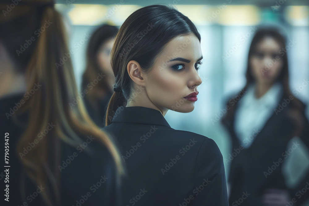 psychological impact of workplace gossip as coworkers whisper behind the back of an unhappy businesswoman, with a blurred background suggesting the blurred lines between profession psychological impact of workplace gossip as coworkers whisper behind the back of an unhappy businesswoman, with a blurred background suggesting the blurred lines between profession