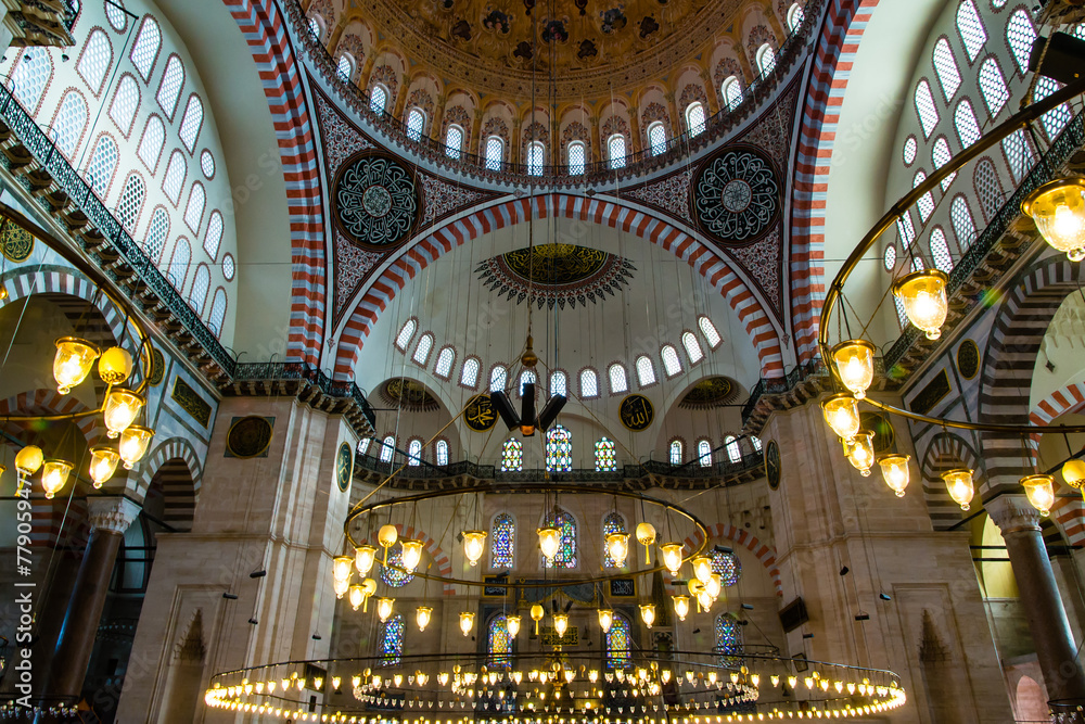 Istanbul, Turkey - March 23 2014: Interior of Suleymaniye Mosque and its gigantic dome