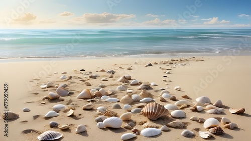  deserted shoreline  smooth sand  and a few scattered seashells. Convey a feeling of serenity.