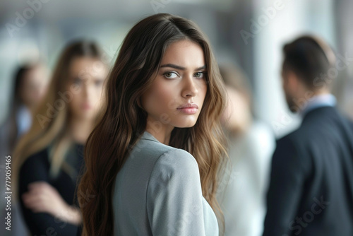 psychological impact of workplace gossip as coworkers whisper behind the back of an unhappy businesswoman, with a blurred background suggesting the blurred lines between profession