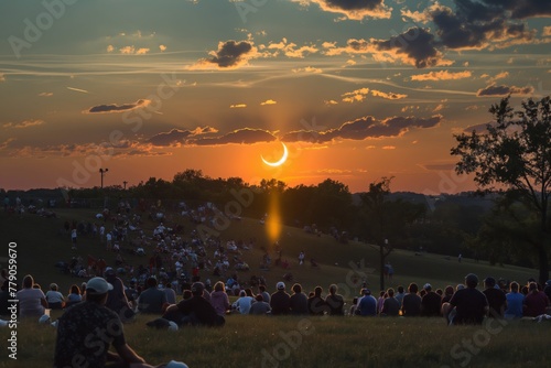 a group of people are sitting in a field watching the eclipse. Generative AI