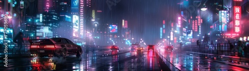Vibrant Neo-Tokyo Cityscape with Glowing Lights - A futuristic car drives through a neon-soaked rainy street in a bustling, dystopian city reminiscent of Tokyo photo