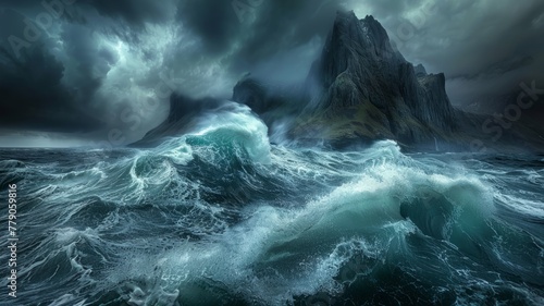 Stormy ocean waves with dramatic cliffs - A hyper-realistic rendering of towering waves crashing against steep cliffs against a backdrop of stormy skies