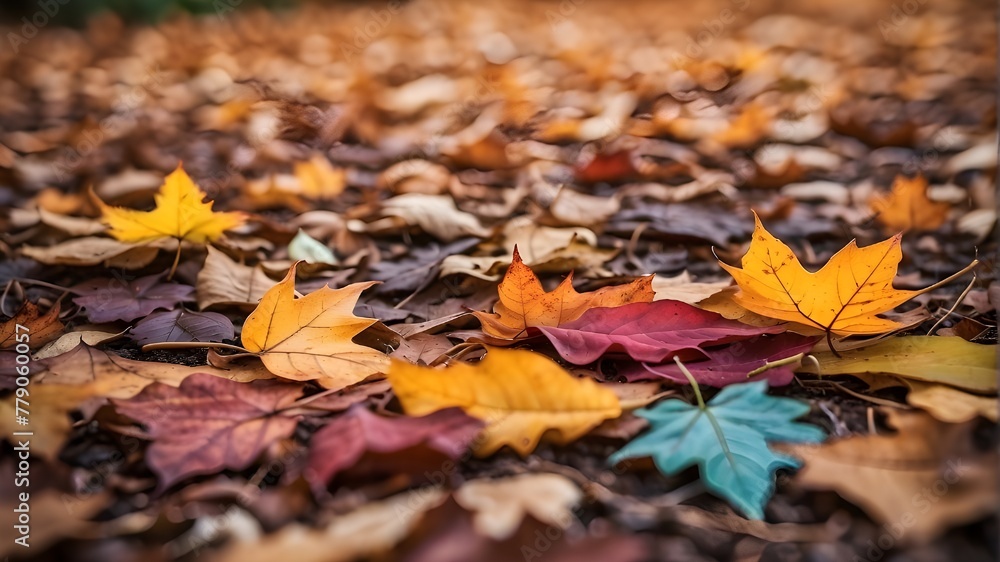  a close-up of colorful fallen leaves covering the ground. Convey the seasonal transition.