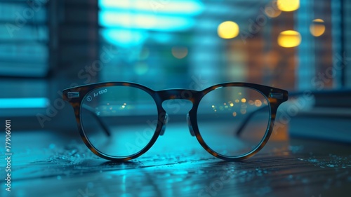 Stylish eyeglasses on a wet surface - A pair of trendy eyeglasses with a blue tint lies on a reflective wet surface with soft bokeh lights