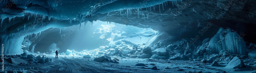Solitary figure exploring vast ice cave - A vast ice cave with a ...