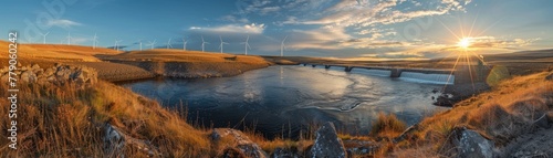 Panoramic wind farm landscape at sunset - A sweeping panoramic view of a wind farm with modern turbines stretching across a river landscape during a vibrant sunset