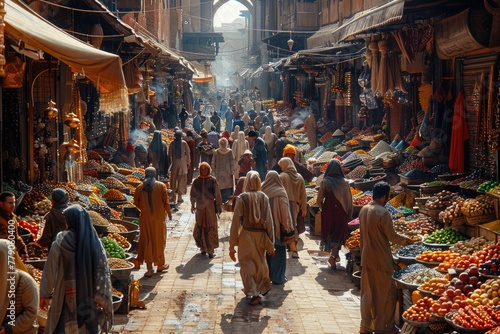 A close-up of a traditional market, with people selling and buying goods