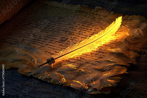 A feather quill writing a magical incantation, glowing softly on parchment, rendered in an illuminated manuscript style, 3D illustration photo