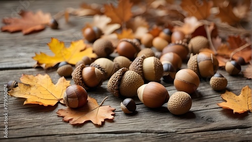  composition of fallen leaves, acorns, and weathered wood. Highlight the textures and warm hues