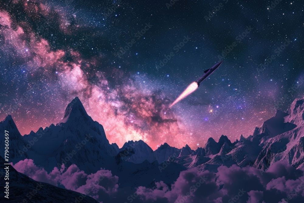 A missile darting across a star-filled sky above a mountain range, with the Milky Way casting a soft light on snowy peaks, 3D illustration